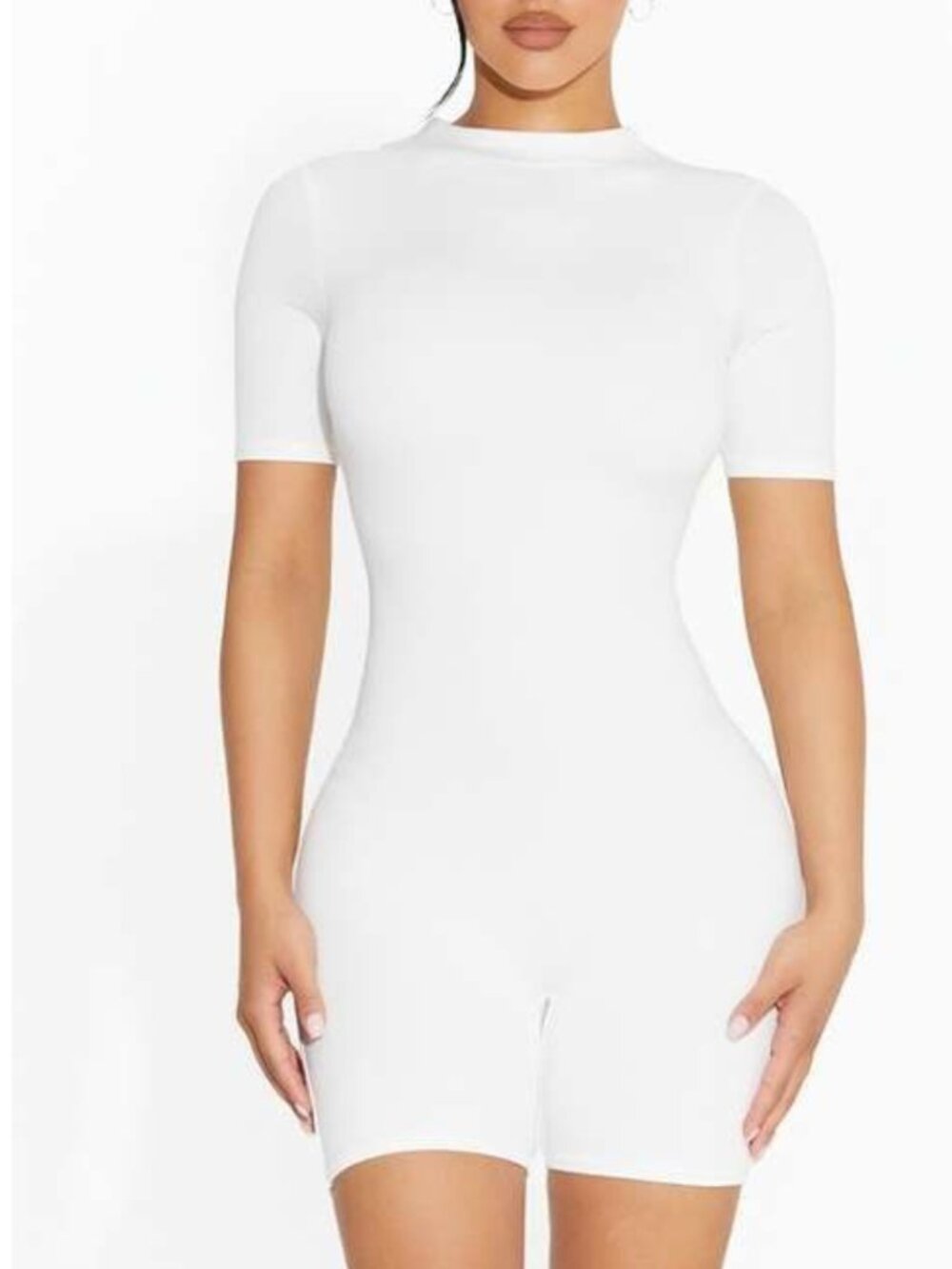 Naked Wardrobe White Sculpting Romper Bodycon Short Sleeve High Neck Size M NWT